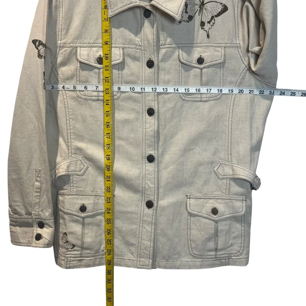 Graffwear Butterfly Graphic Safari Style Jacket Beige Linen Blend Button Up Sz L